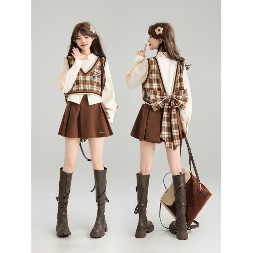 KEIKO蝴蝶結girl 美式復古穿搭套裝早春假兩件襯衫女別致學院上衣