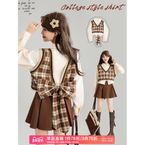KEIKO蝴蝶結girl 美式復古穿搭套裝早春假兩件襯衫女別致學院上衣
