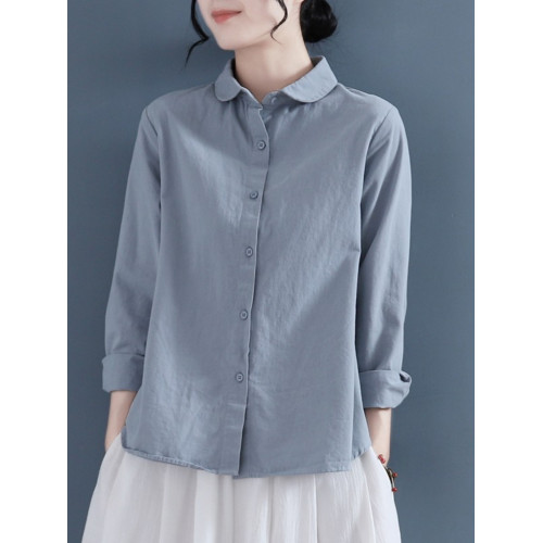 小衆別致上衣2025春秋復古文藝全棉襯衫女長袖休閒娃娃領棉麻襯衣