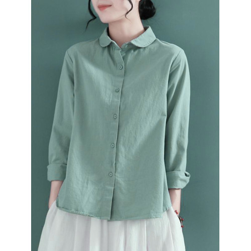 小衆別致上衣2025春秋復古文藝全棉襯衫女長袖休閒娃娃領棉麻襯衣