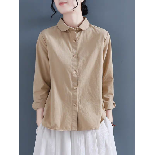 小衆別致上衣2025春秋復古文藝全棉襯衫女長袖休閒娃娃領棉麻襯衣