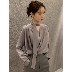 高級感輕奢醋酸緞面襯衫女春秋獨特飄帶V領襯衣法式減齡洋氣上衣