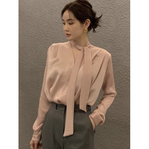 高級感輕奢醋酸緞面襯衫女春秋獨特飄帶V領襯衣法式減齡洋氣上衣