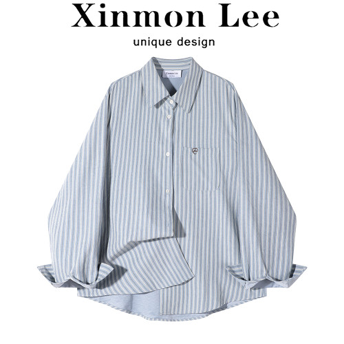 XinmonLee韓系秋冬復古條紋襯衣外套氣質寬鬆慵懶風別致絨面襯衫