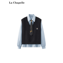 拉夏貝爾休閒氣質減齡繙領燈芯絨襯衫小熊刺綉針織馬甲套裝女新款