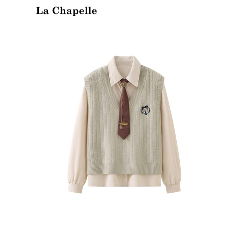 拉夏貝爾休閒氣質減齡繙領燈芯絨襯衫小熊刺綉針織馬甲套裝女新款