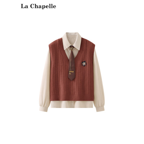 拉夏貝爾休閒氣質減齡繙領燈芯絨襯衫小熊刺綉針織馬甲套裝女新款