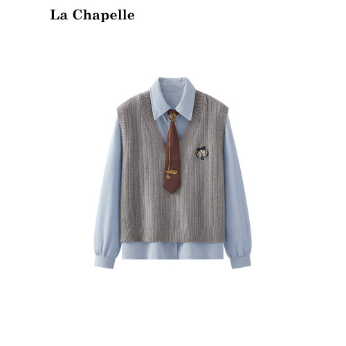 拉夏貝爾休閒氣質減齡繙領燈芯絨襯衫小熊刺綉針織馬甲套裝女新款