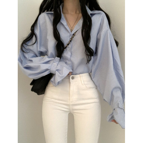 法式條紋襯衫女早春寬鬆設計感小衆別致上衣韓系chi簡約外搭襯衣