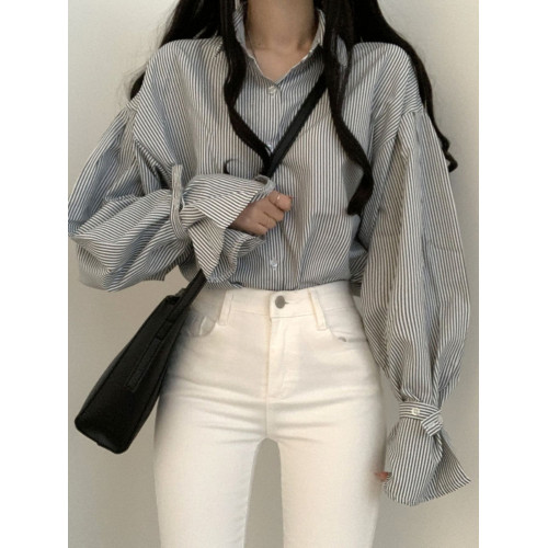 法式條紋襯衫女早春寬鬆設計感小衆別致上衣韓系chi簡約外搭襯衣