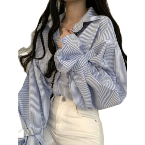 法式條紋襯衫女早春寬鬆設計感小衆別致上衣韓系chi簡約外搭襯衣