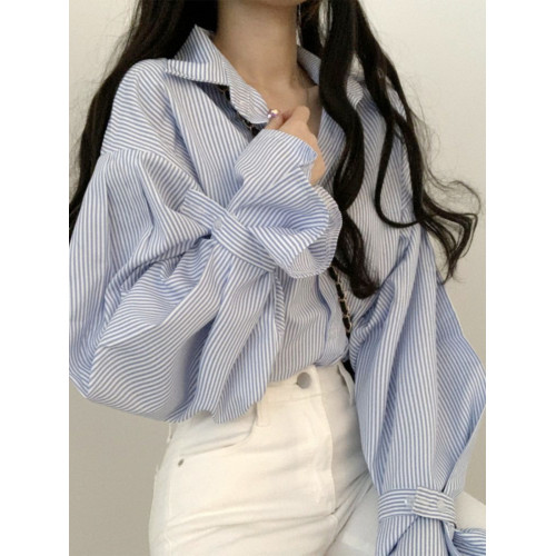 法式條紋襯衫女早春寬鬆設計感小衆別致上衣韓系chi簡約外搭襯衣