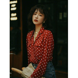 闞清子明星同款波點酒紅色襯衫女2025新款復古港風甜美西裝領襯衣