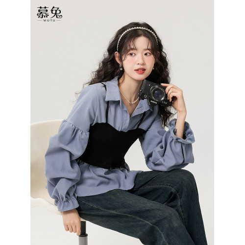 慕兔法式氣質假兩件白襯衫女2026春季新款設計感小衆收腰長袖上衣