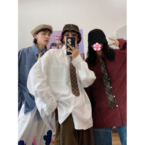 C2原創8色 秋裝復古港風長袖襯衫女寬鬆bf韓系慵懶風白色襯衣領帶