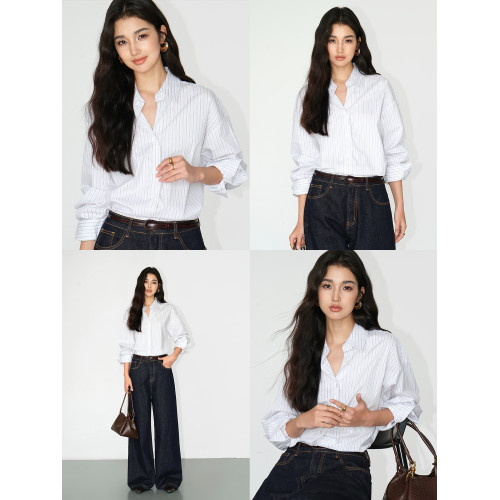 NEVA HU 鹽系條紋襯衫 慵懶風寬鬆休閒襯衣女春秋長袖通勤外套 NEVA HU 鹽系條紋襯衫 慵懶風寬鬆休閒襯衣女春秋長袖通勤外套