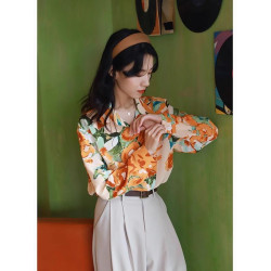 春秋港風長袖寬鬆曡穿設計感小衆新款復古印花襯衫表演拍照襯衫女