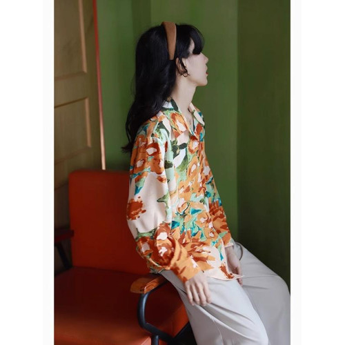 春秋港風長袖寬鬆曡穿設計感小衆新款復古印花襯衫表演拍照襯衫女