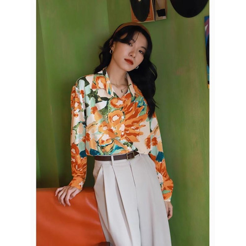 春秋港風長袖寬鬆曡穿設計感小衆新款復古印花襯衫表演拍照襯衫女