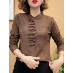 保暖中厚加絨女士打底衫冬季內搭復古民族風立領顯瘦上衣長袖小衫