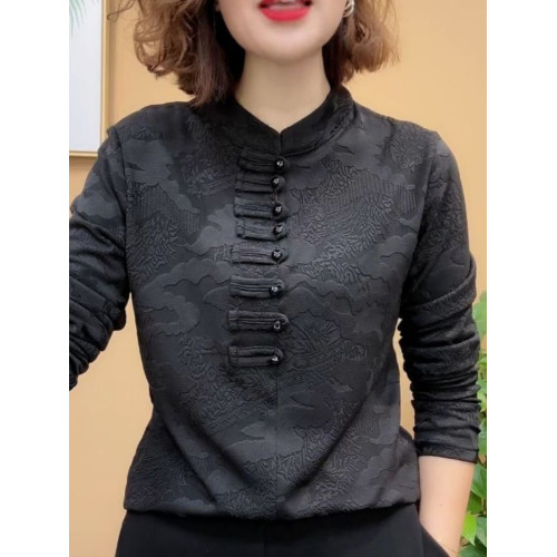 保暖中厚加絨女士打底衫冬季內搭復古民族風立領顯瘦上衣長袖小衫