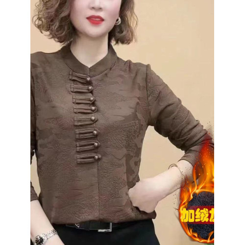 保暖中厚加絨女士打底衫冬季內搭復古民族風立領顯瘦上衣長袖小衫