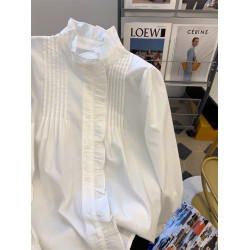 法式復古壓褶白色襯衫女2026春季新款甜美立領氣質長袖木耳邊上衣