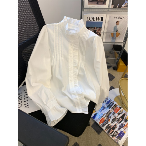 法式復古壓褶白色襯衫女2026春季新款甜美立領氣質長袖木耳邊上衣