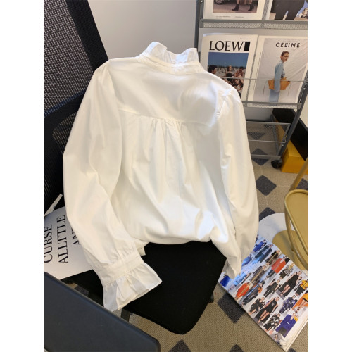 法式復古壓褶白色襯衫女2026春季新款甜美立領氣質長袖木耳邊上衣