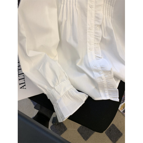 法式復古壓褶白色襯衫女2026春季新款甜美立領氣質長袖木耳邊上衣