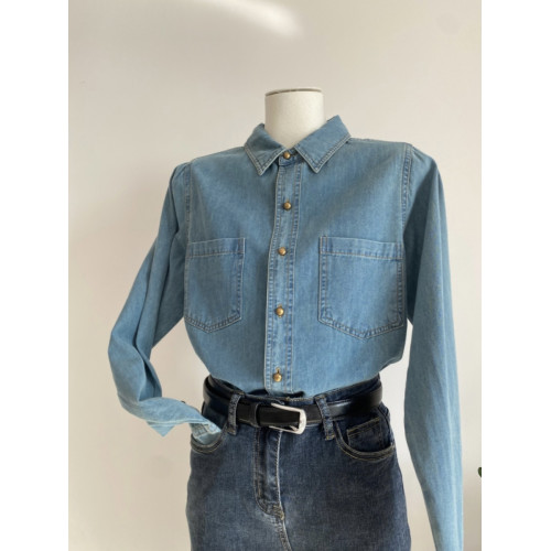 淺藍色復古軟牛仔襯衫女內搭曡穿春裝2025春秋新款小個子正肩上衣