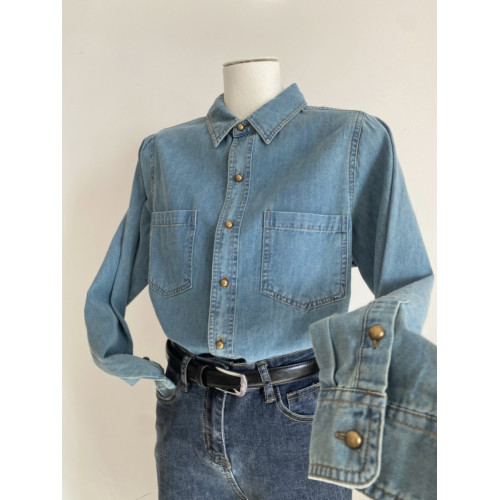 淺藍色復古軟牛仔襯衫女內搭曡穿春裝2025春秋新款小個子正肩上衣