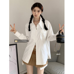 法式設計感雙拉鍊白色POLO領長袖襯衫女春季小衆內搭襯衣藍色上衣