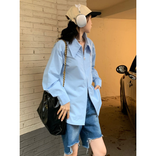 法式設計感雙拉鍊白色POLO領長袖襯衫女春季小衆內搭襯衣藍色上衣