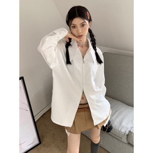 法式設計感雙拉鍊白色POLO領長袖襯衫女春季小衆內搭襯衣藍色上衣