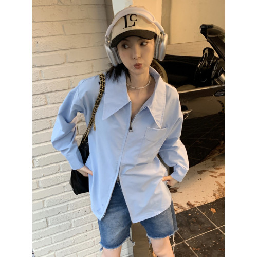 法式設計感雙拉鍊白色POLO領長袖襯衫女春季小衆內搭襯衣藍色上衣