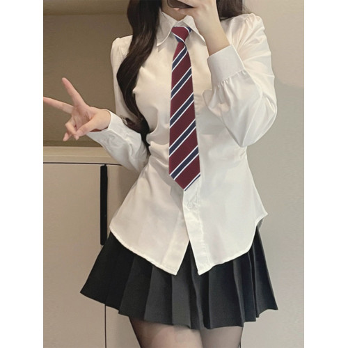 收腰白色襯衫女上衣長袖春裝女2025年新款小個子百褶裙jk製服套裝