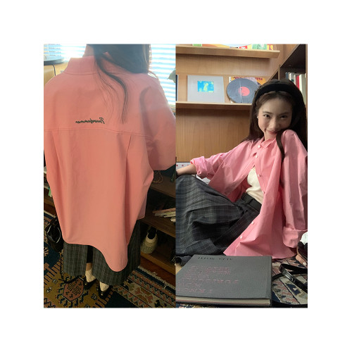 字母刺綉白色長袖襯衫女春秋新款小個子設計感寬鬆休閒襯衣外套潮