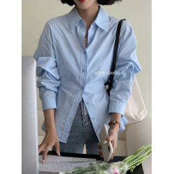 春季新款藍色收腰系釦顯瘦襯衫女士設計感小衆純棉襯衣輕熟風上衣