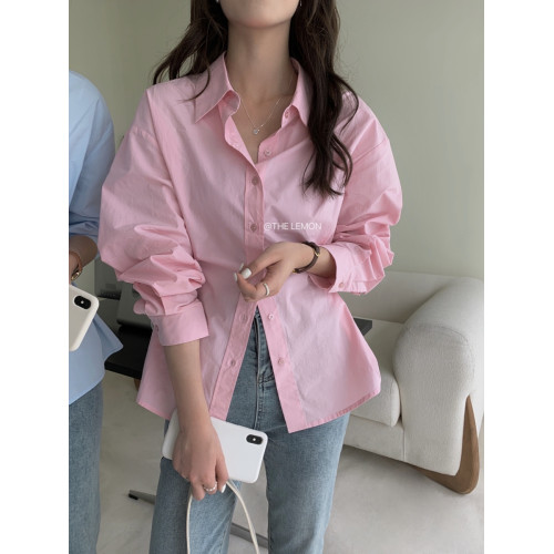 春季新款藍色收腰系釦顯瘦襯衫女士設計感小衆純棉襯衣輕熟風上衣