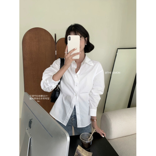 春季新款藍色收腰系釦顯瘦襯衫女士設計感小衆純棉襯衣輕熟風上衣