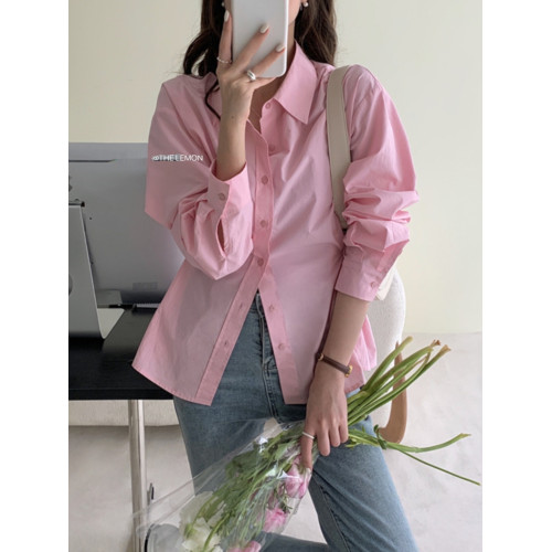 春季新款藍色收腰系釦顯瘦襯衫女士設計感小衆純棉襯衣輕熟風上衣