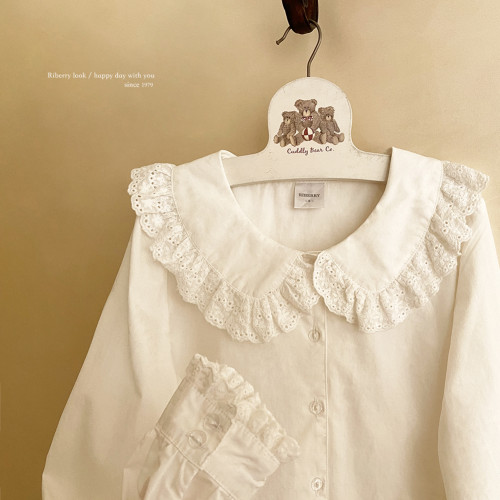 甜美少女 蕾絲花邊 可愛娃娃領 基礎款 白色棉布襯衫 短袖長袖 H