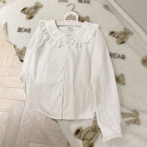 甜美少女 蕾絲花邊 可愛娃娃領 基礎款 白色棉布襯衫 短袖長袖 H