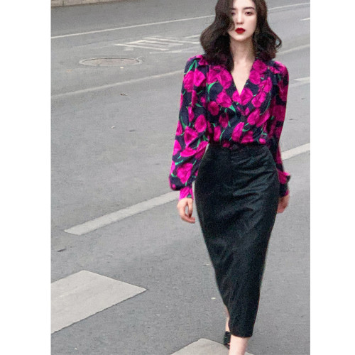 2025新款春夏季港風復古襯衫寬鬆上衣套裝皮裙半身裙春秋口袋裙女