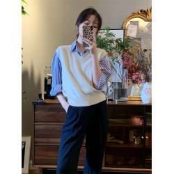 2025早秋新款藍色條紋襯衫女小衆法式上衣小個子洋氣時尚高級襯衣