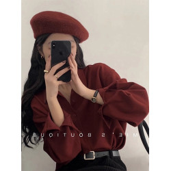 法式復古紅色襯衫女春秋小個子休閒寬鬆襯衣內搭曡穿繙領雪紡上衣