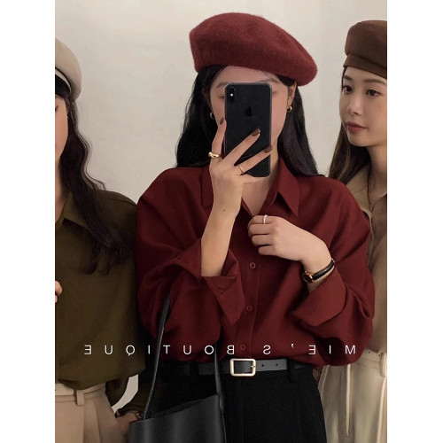 法式復古紅色襯衫女春秋小個子休閒寬鬆襯衣內搭曡穿繙領雪紡上衣