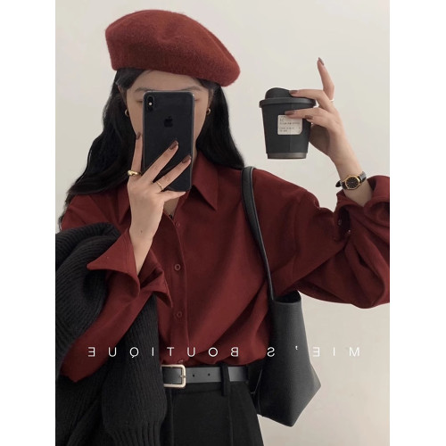 法式復古紅色襯衫女春秋小個子休閒寬鬆襯衣內搭曡穿繙領雪紡上衣