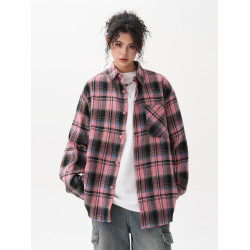 BWKA美式復古格子長袖襯衫女男春季潮牌寬鬆慵懶街頭襯衣外套情侶